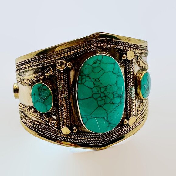 Kuchi Cuff, Afghan, Vintage Bracelet, Green Jasper, Composite Stone, Silver Cuff - Picture 2 of 5
